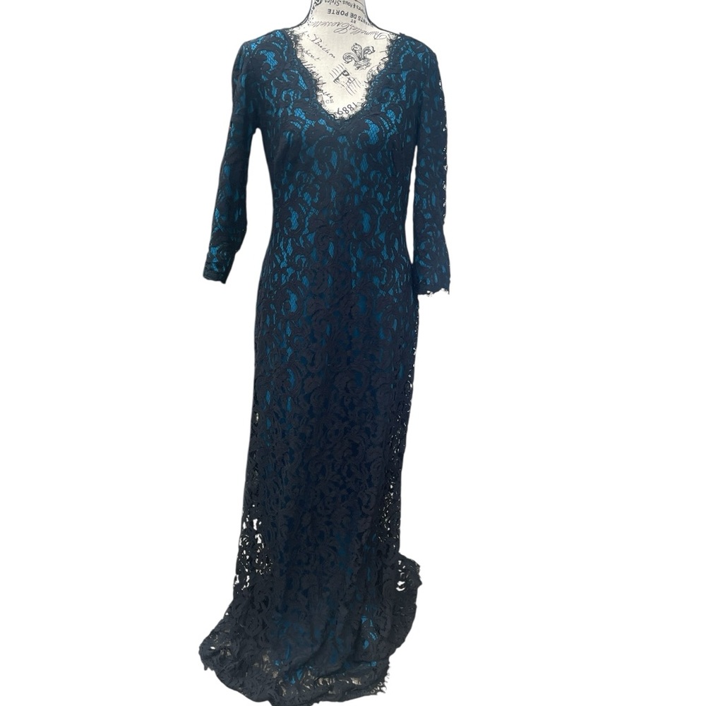 Tadashi Shoji Teal Lace Long Sleeve Evening Gown